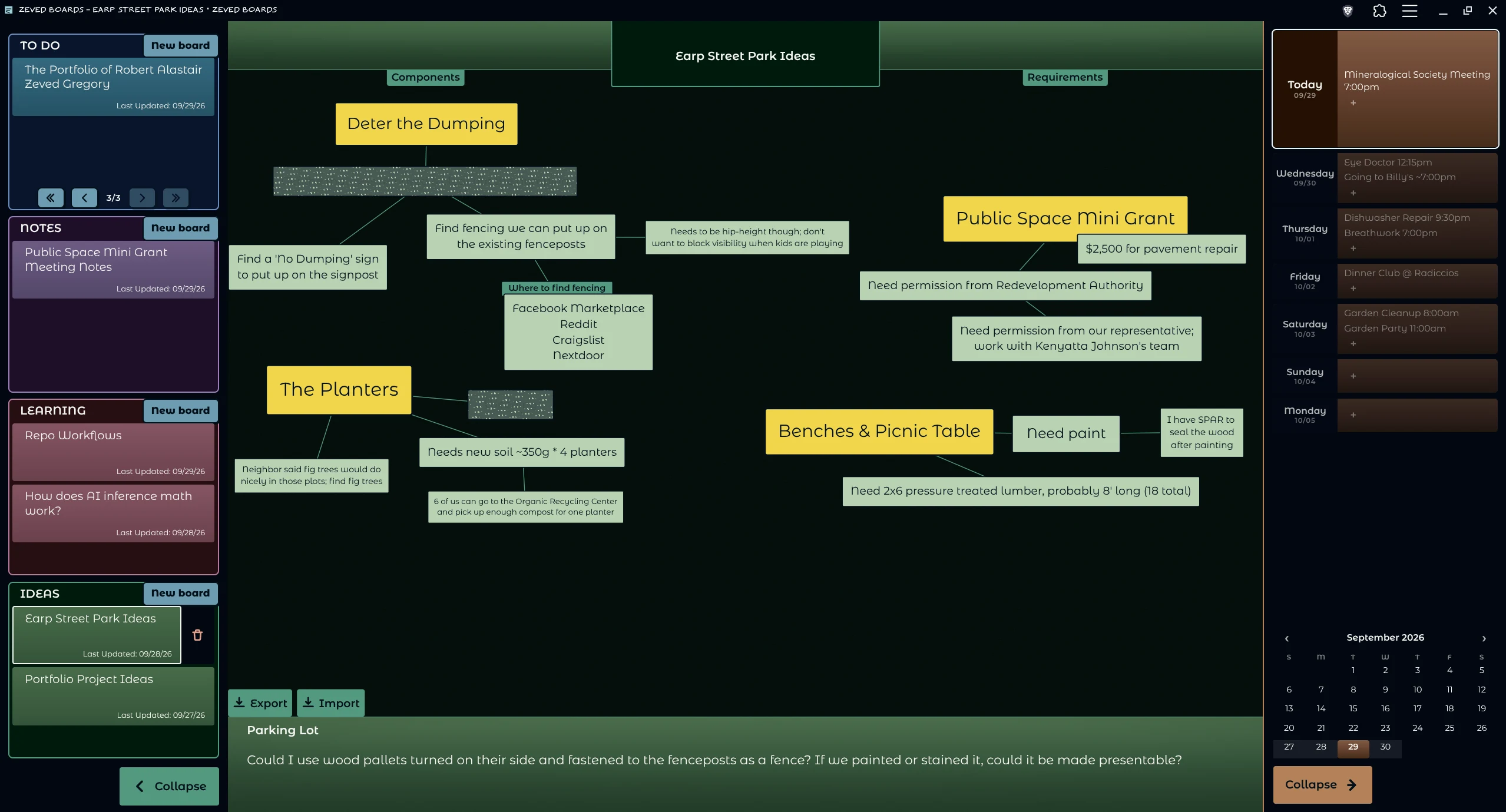 The Earp Street Park Ideas board: yellow sticky notes and green task cards on a dark teal canvas.