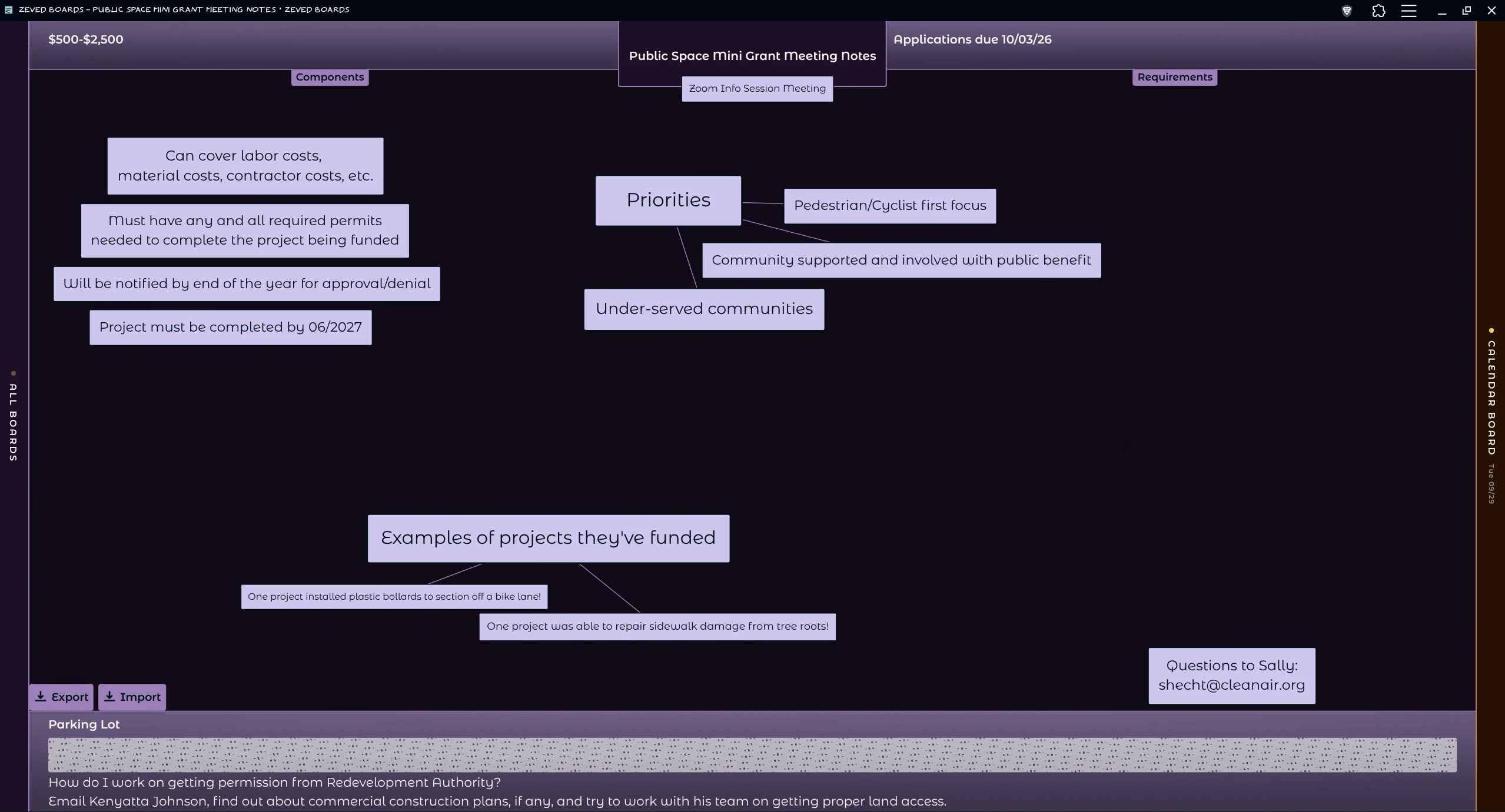 The Public Space Mini Grant Meeting Notes board: lavender cards on a dark purple canvas.